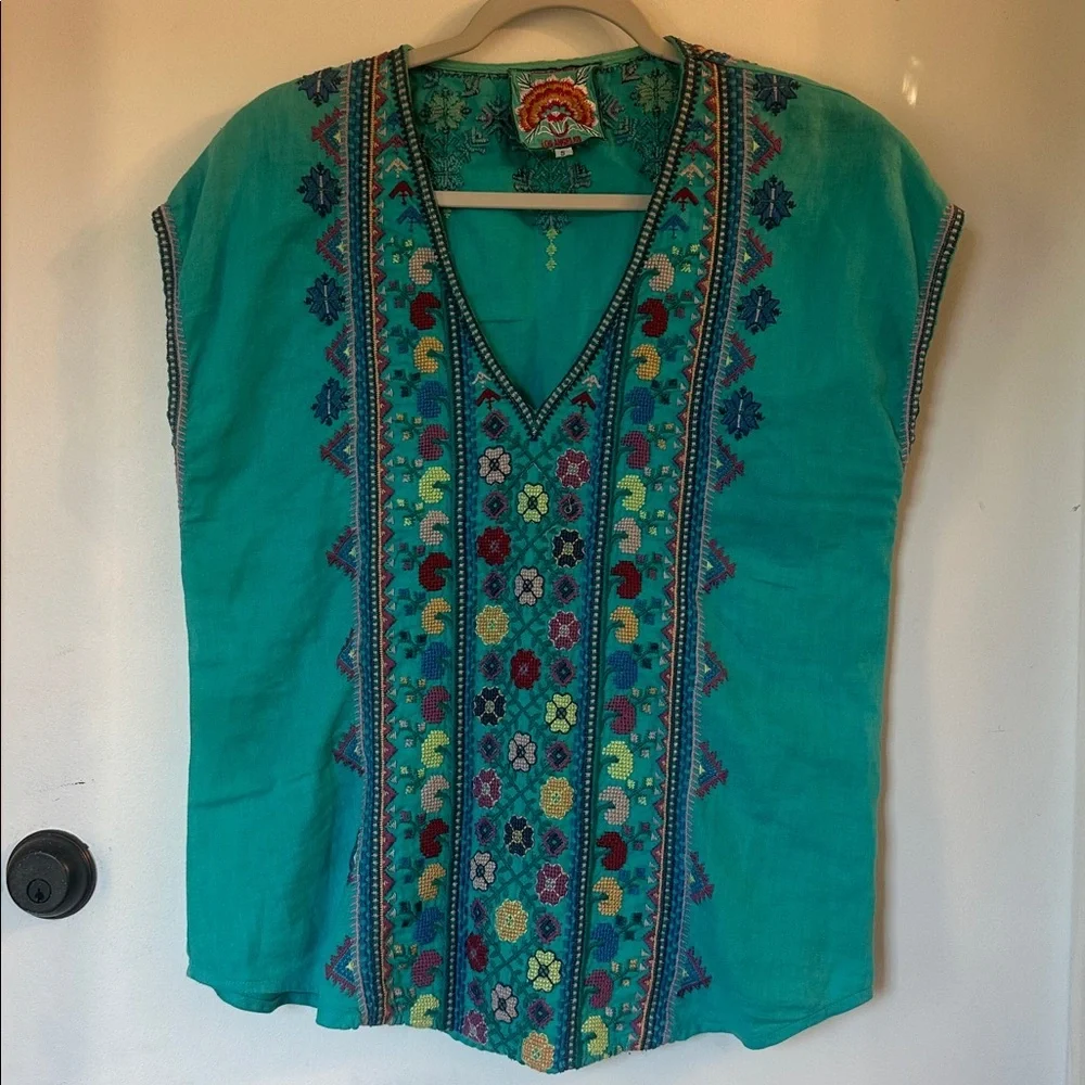 Johnny Was Teal Embroidered Bohemian linen Blouse boho size small - Picture 1 of 6